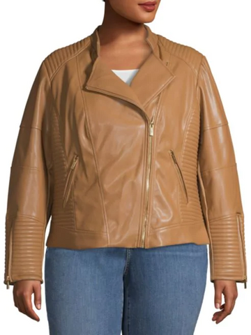 Calvin Klein Women's Brown Plus Faux Leather Moto Jacket