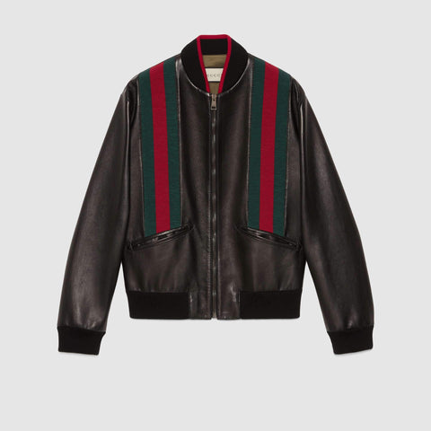 GUCCI Leather bomber jacket with Web