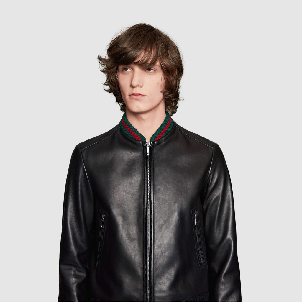 GUCCI Leather jacket with Web Gocci Leather