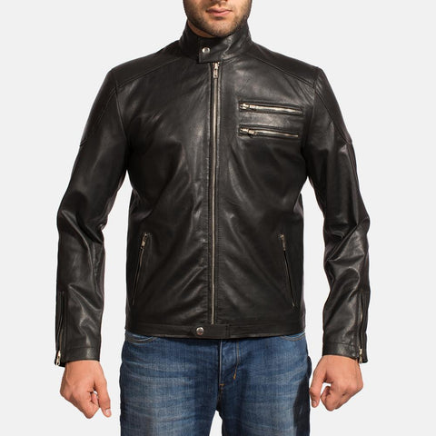 Cafe Racer Onyx Black Leather Biker Jacket